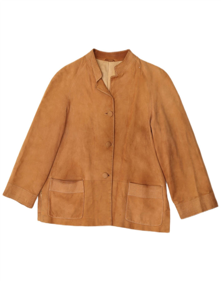Giacca blazer vintage in pelle scamosciata a 3 bottoni da donna UK 14 beige medio