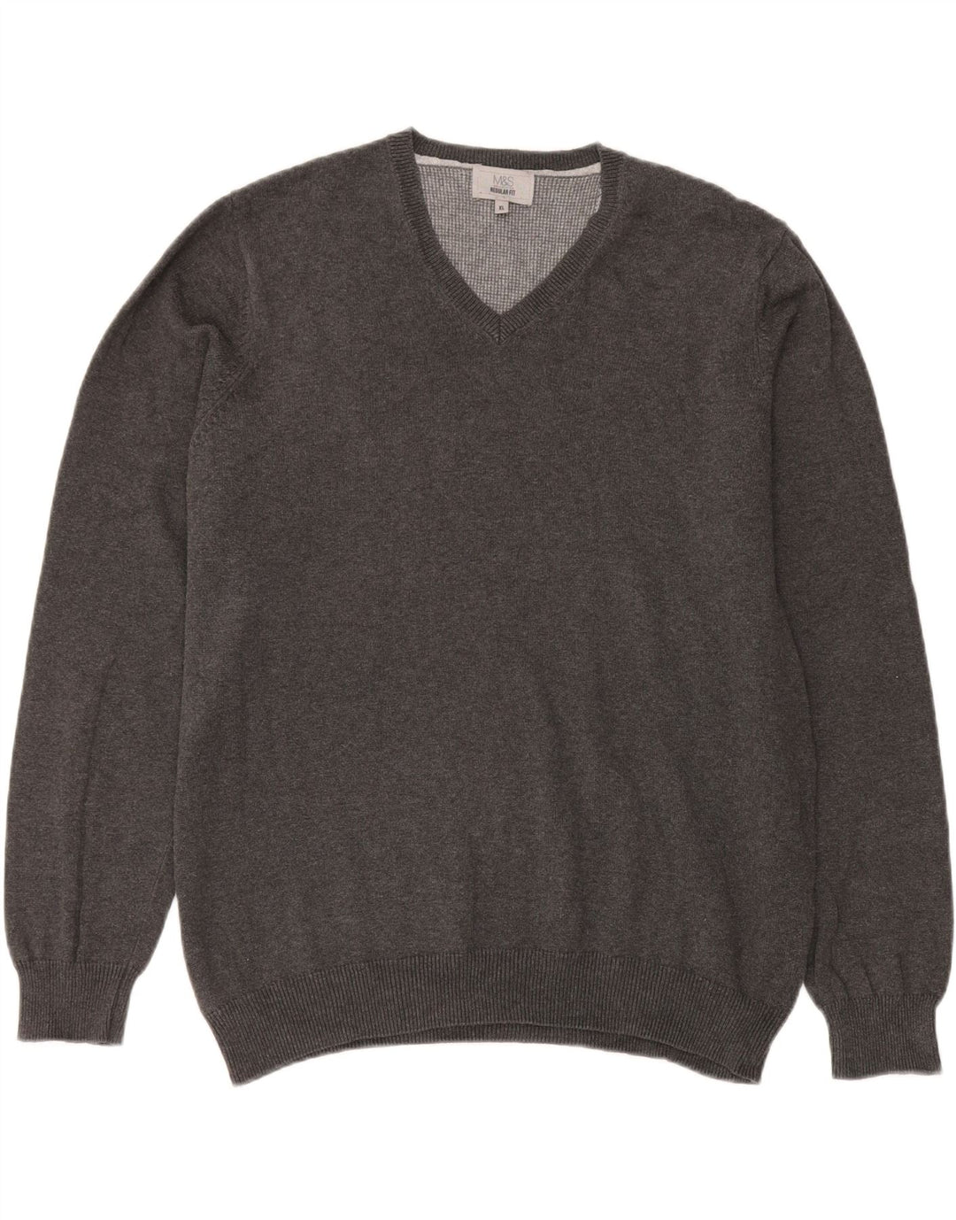 Marks & Spencer Mens Regular Fit V-Neck Jumper Sweater XL Grey Cotton