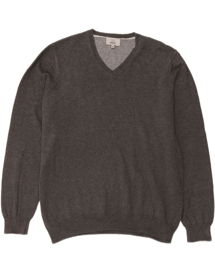Marks & Spencer Mens Regular Fit V-Neck Jumper Sweater XL Grey Cotton