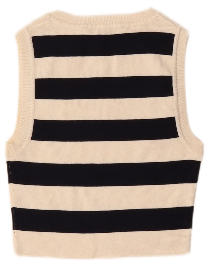 Zara Dame Ærmeløs Crop Top UK 12 Medium hvid stribet viskose