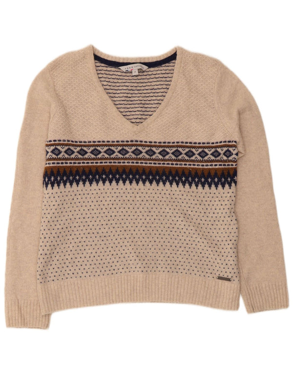 Crew Clothing Womens V-Neck Jumper Sweater UK 14 Medium Beige Fair Isle