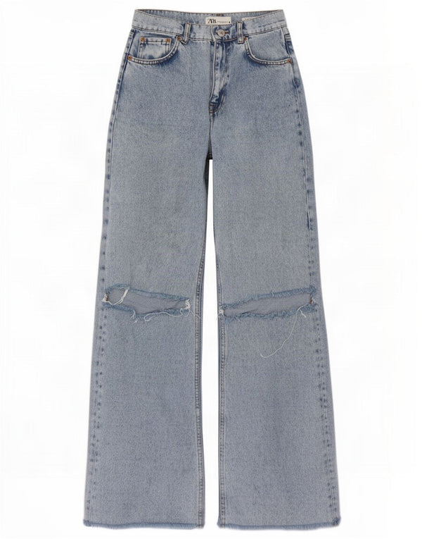 Jeans Zara da donna a gamba larga effetto consumato a vita alta EU 36 XS W26 L32 Blu anni '90