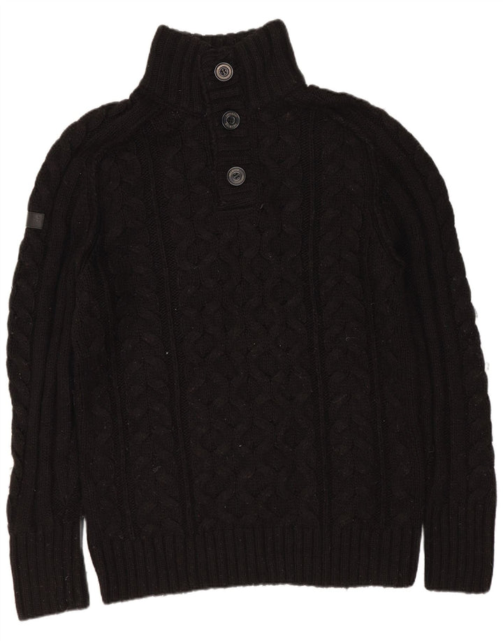 Superdry Mens Button Neck Jumper Sweater Large Black Acrylic