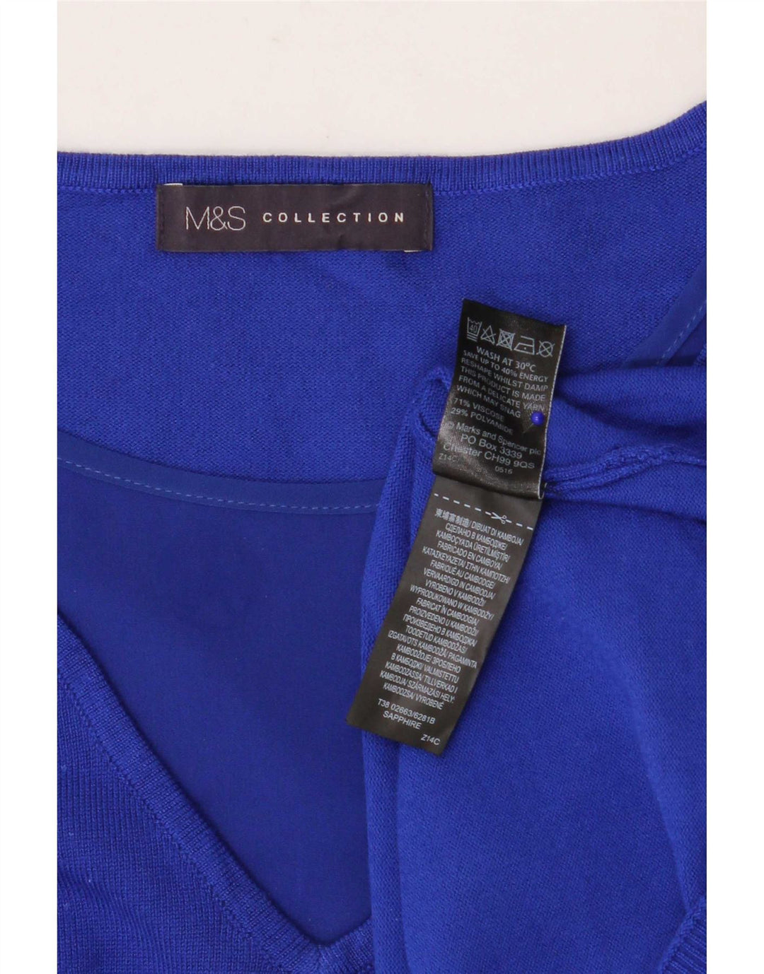 Marks & Spencer Womens 3/4 Sleeve V-Neck Jumper Sweater UK 12 Medium Blue