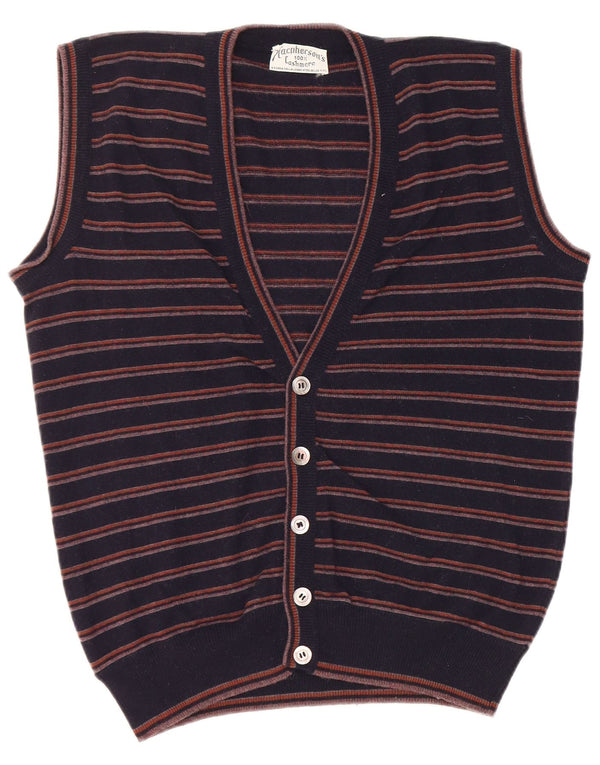 vintage Mens Cardigan sans manches Pull IT 52 Grande Soie Rayée Bleu Marine