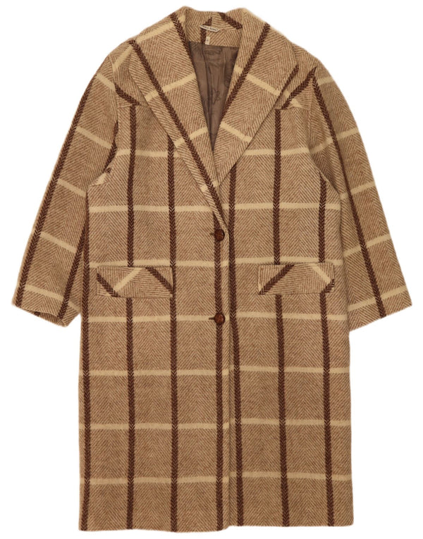 Abrigo Vintage de Mujer Sobredimensionado UK 14 Medio Beige a Cuadros de Lana