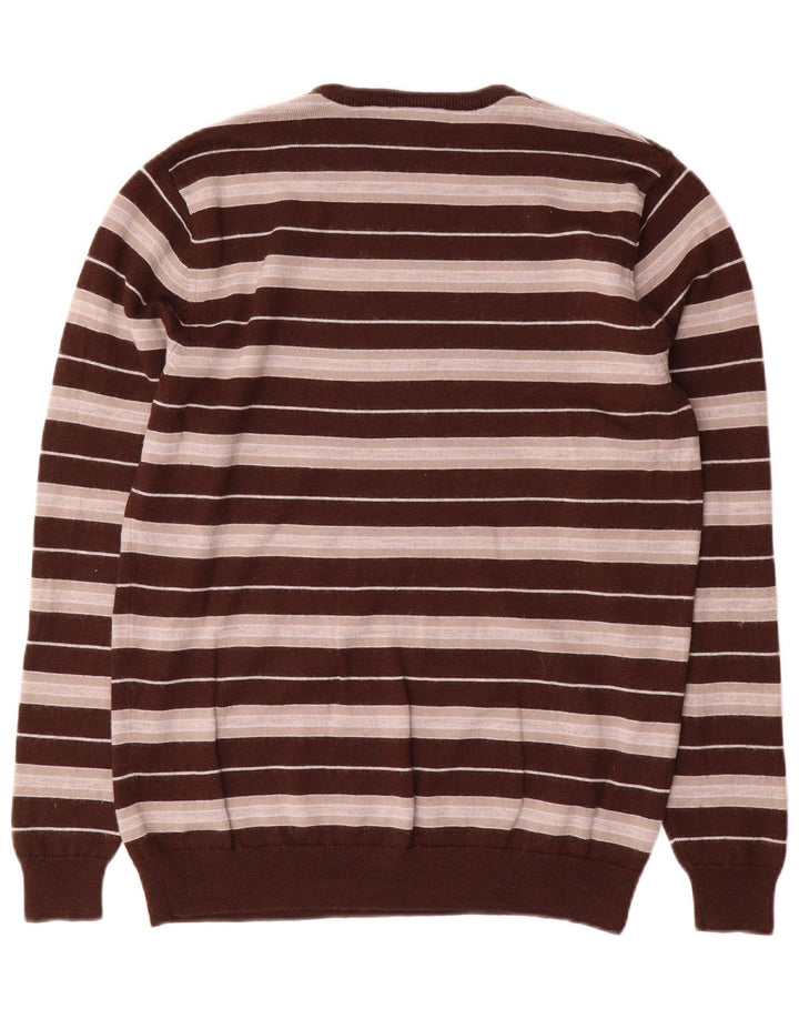 Lacoste Mens Crew Neck Jumper Sweater Size 3 Small Brown Striped Wool