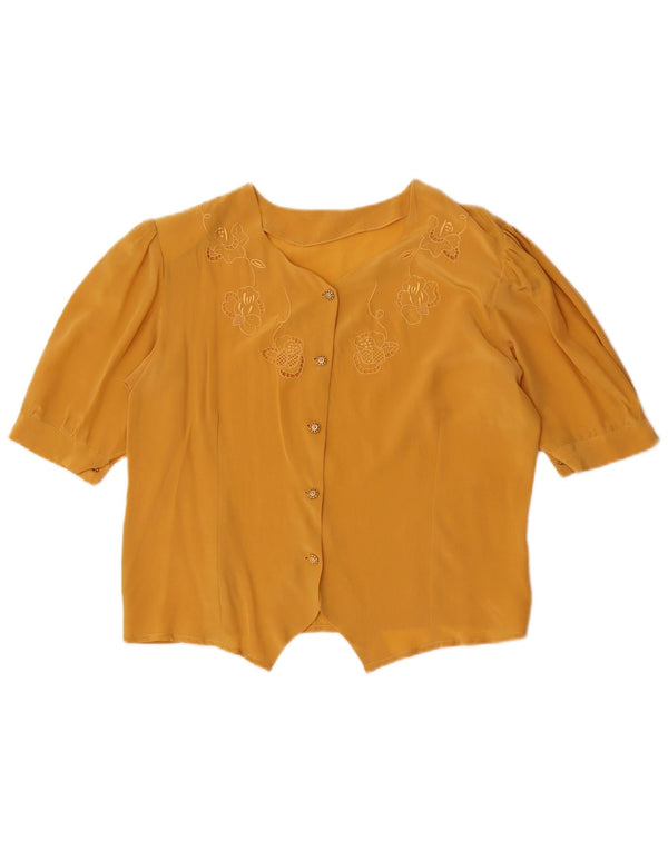Vintage mujer crop manga corta camisa blusa Reino Unido 12 medio amarillo floral