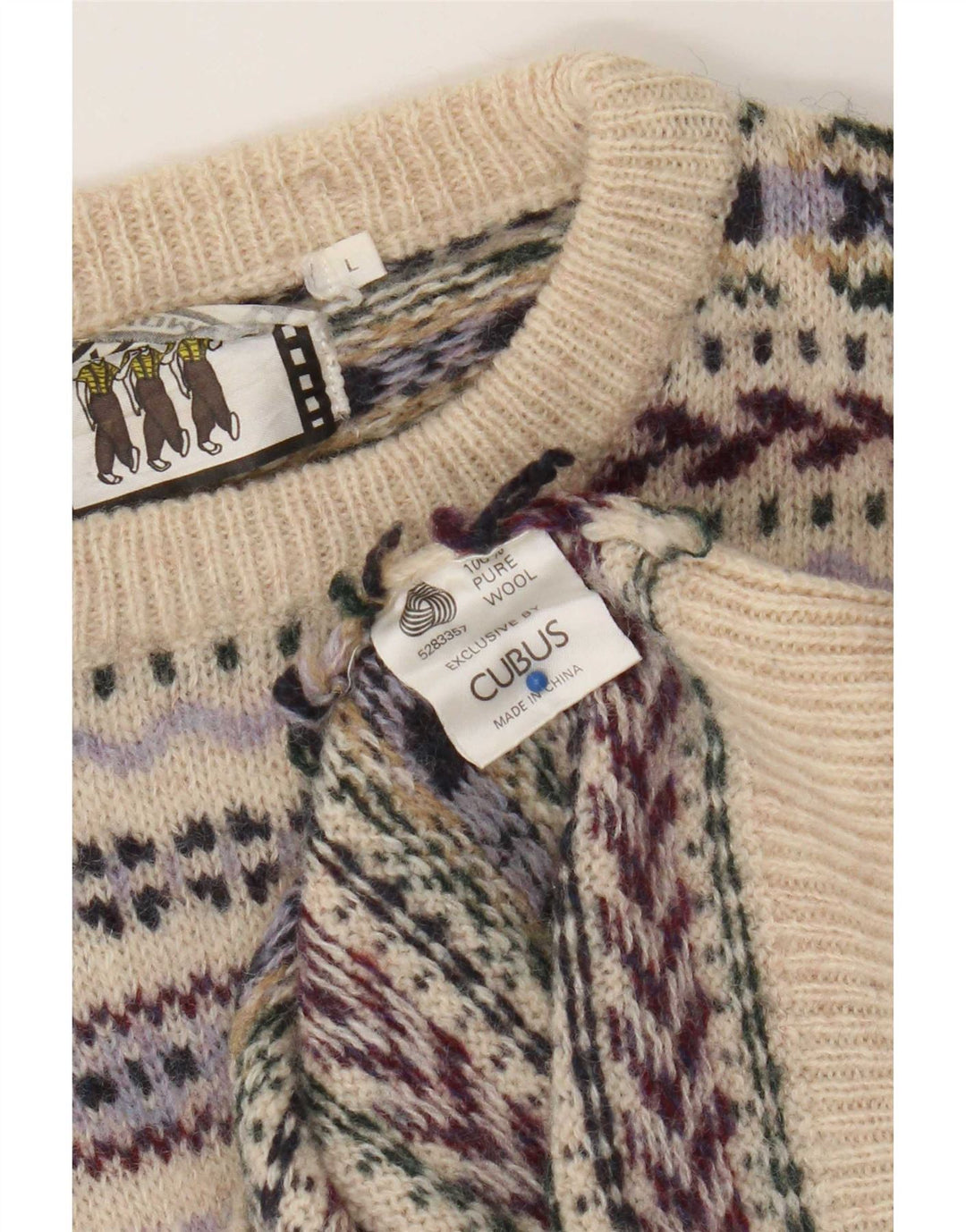 Cubus Mens Crew Neck Jumper Sweater Large Beige Fair Isle Wool
