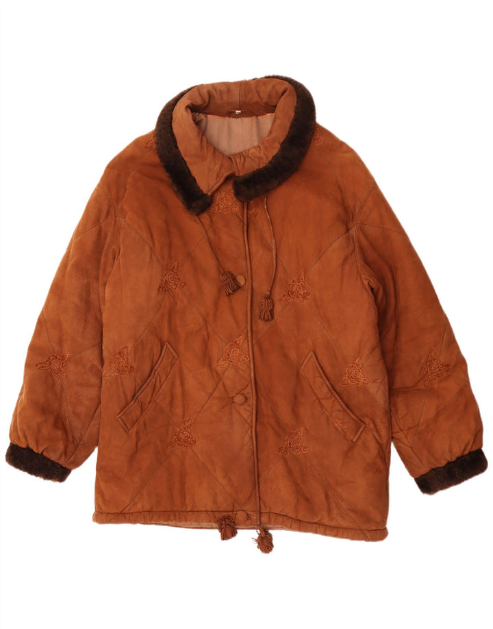 Christia Womens Leather Coat UK 16 Large Brown Floral