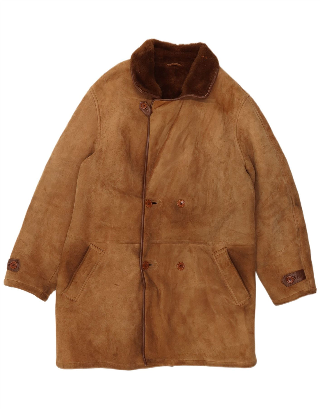VINTAGE Mens Double Breasted Shearling Jacket UK 36 Small Brown Shearling