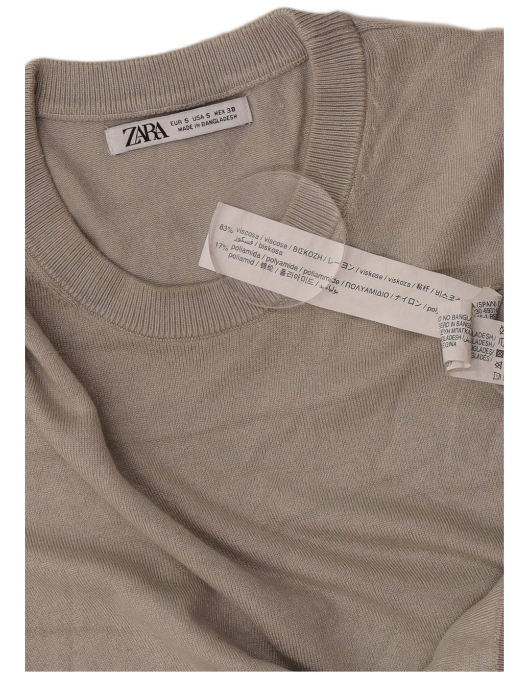 Zara Mens Short Sleeve Crew Neck Jumper Sweater Small Grey Viscose