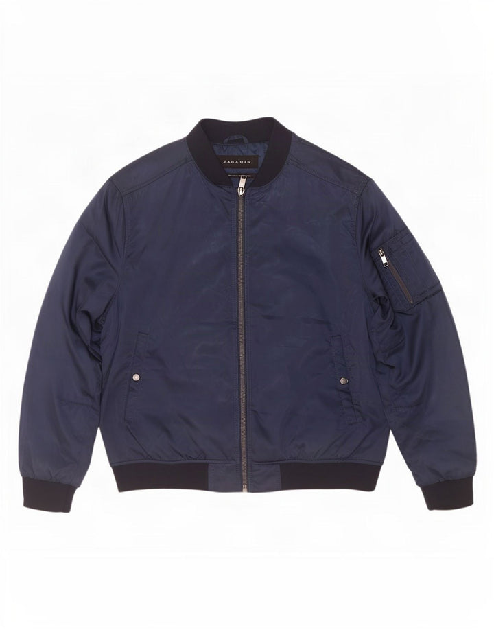 Zara Mens Bomber Jacket UK 44 2XL Azul Marino Colorblock Poliéster