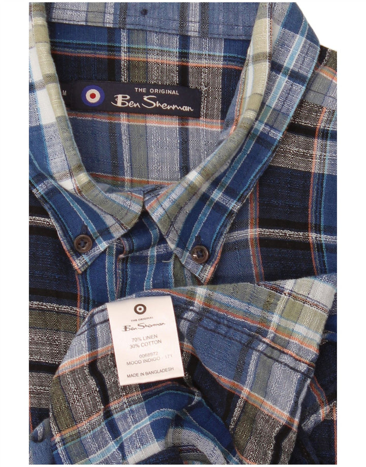Ben Sherman Mens Shirt Medium Blue Check Linen