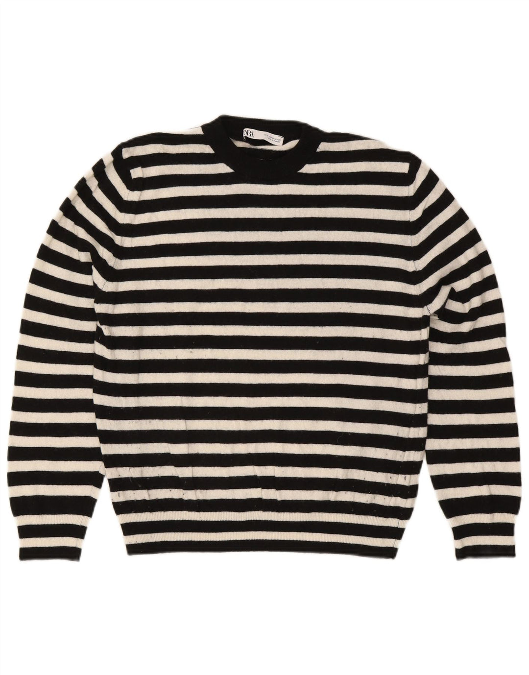 Zara Womens Crew Neck Jumper Sweater UK 14 Medium Black Striped Polyamide