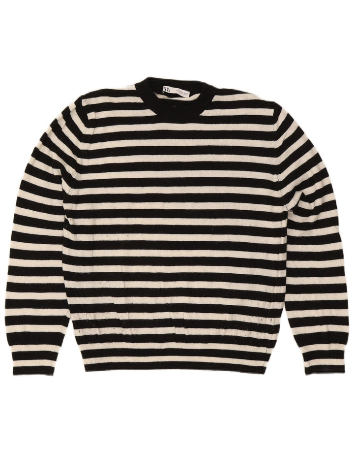 Zara Womens Crew Neck Jumper Sweater UK 14 Medium Black Striped Polyamide