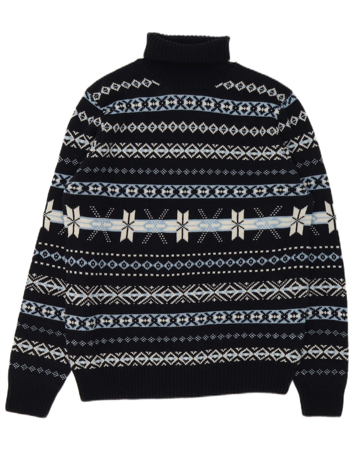GUTTERIDGE Mens Roll Neck Jumper Sweater XL Navy Blue Fair Isle Wool