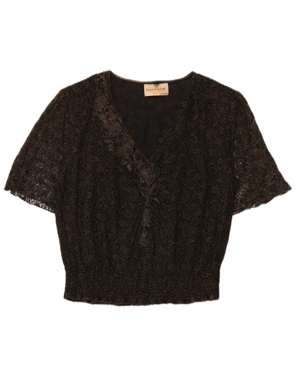 Vintage mujer blusa Top Reino Unido 16 grande negro floral