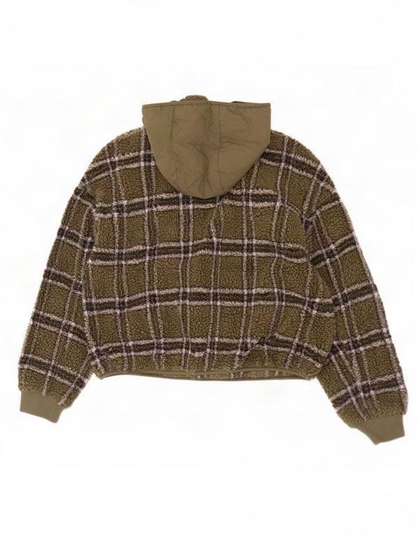 Maglione in pile con cappuccio e zip oversize da donna Zara UK 16 grande motivo a quadri kaki