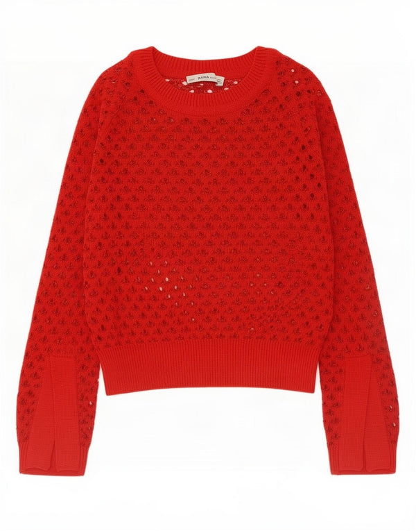 Maglione da donna Zara con scollo a barca all'uncinetto, UK 14, cotone rosso medio