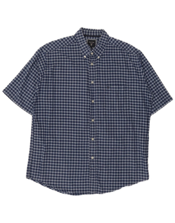 James Pringle Mens Short Sleeve Shirt Large Navy Blue Check Cotton