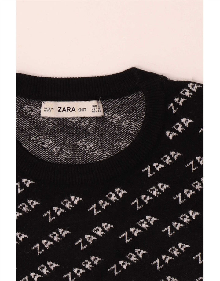 Zara Womens Graphic Crew Neck Jumper Sweater UK 14 Medium Black