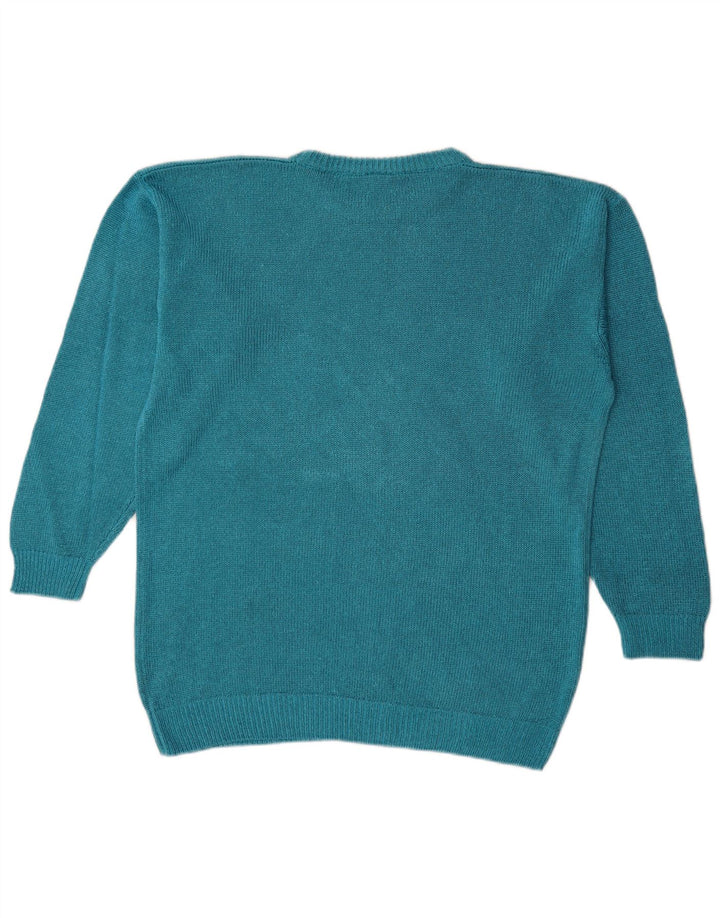 Vintage Womens Graphic Oversized Boat Neck Jumper Sweater UK 14 Medium Blue