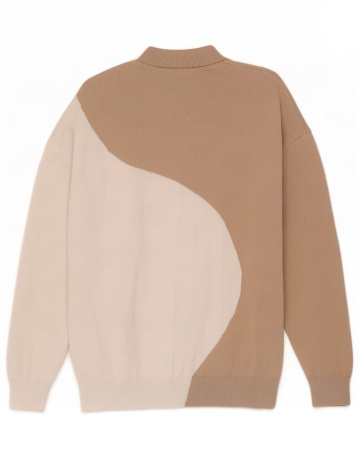 Zara Mens Crew Neck Jumper Sweater Medium Beige Colourblock Cotton