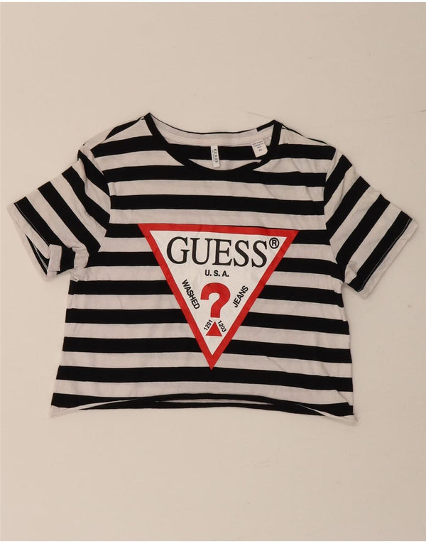 Guess Womens Crop Grafisk T-Shirt Top UK 6 XS Sort Stribet