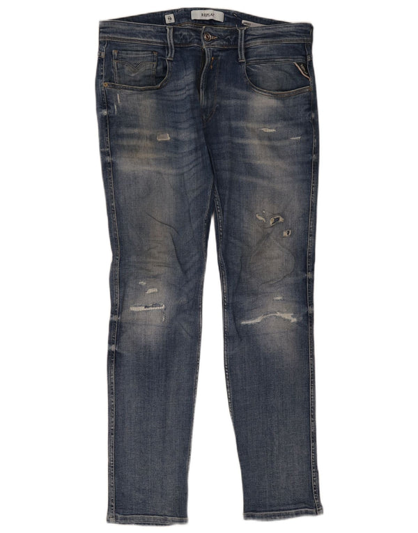 Replay Mens Anbass Distressed Slim Jeans W34 L32 Azul Algodão