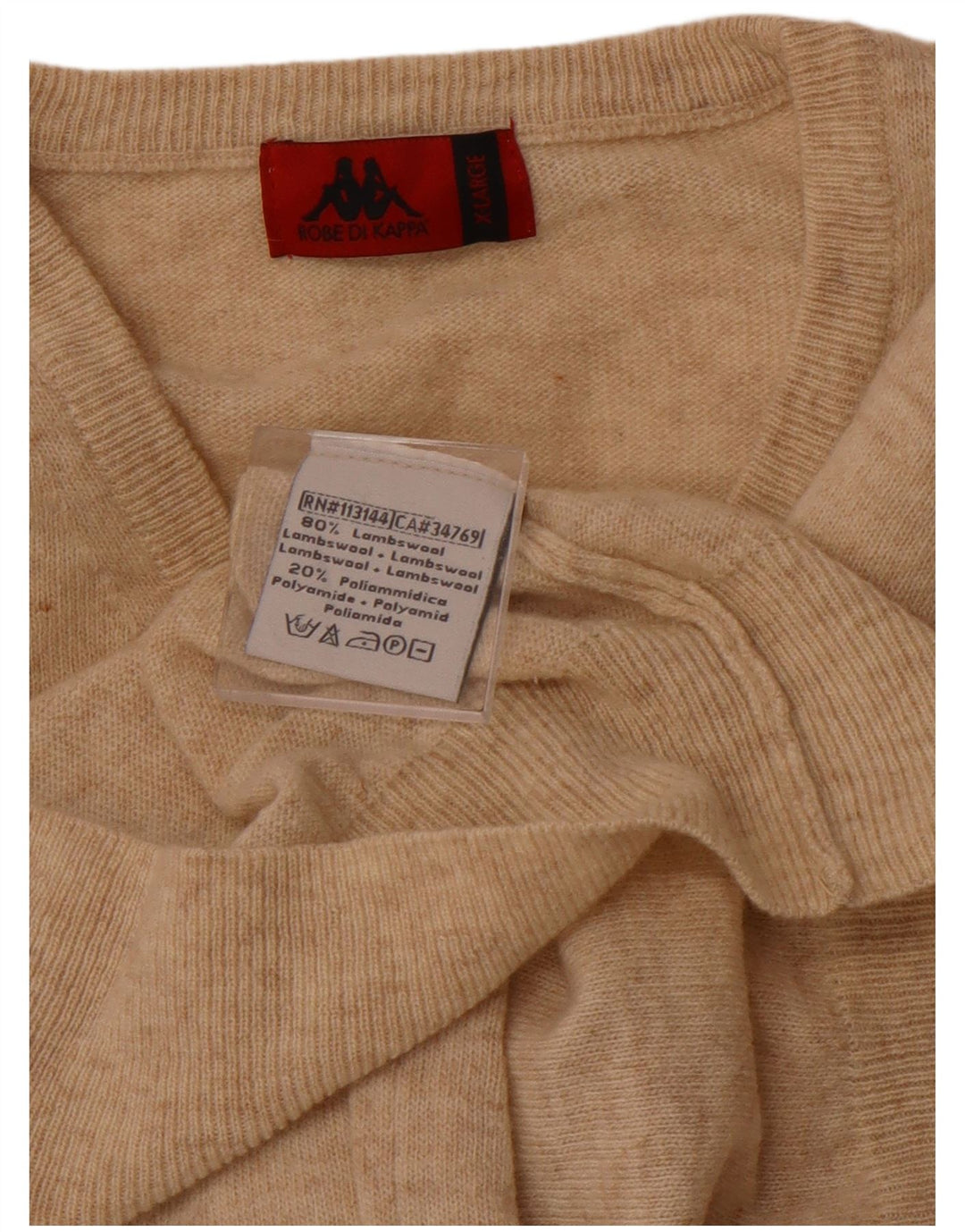 KAPPA Mens V-Neck Jumper Sweater XL Beige Lambswool