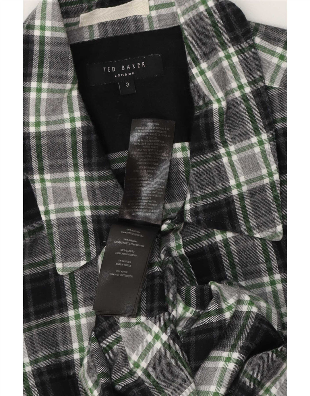 Camisa masculina de flanela Ted Baker tamanho 3 algodão xadrez verde médio