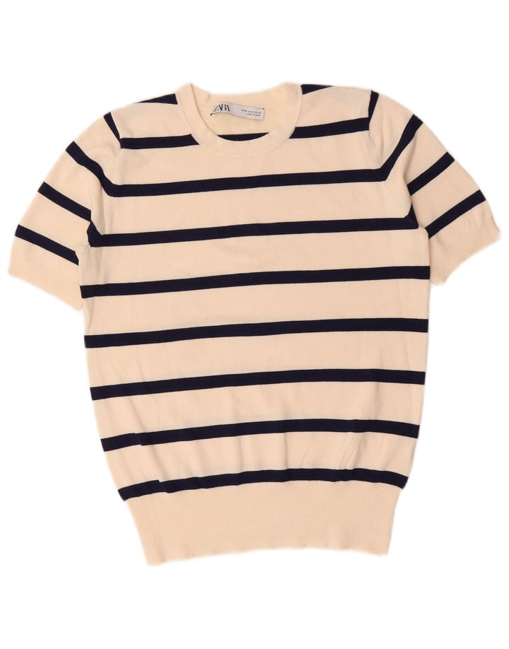 Zara Dame Bluse Top UK 14 Medium Hvid Stribet