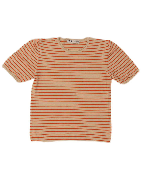 Zara Womens Crop T-Shirt Top UK 12 Medium Beige Stribet Viscose