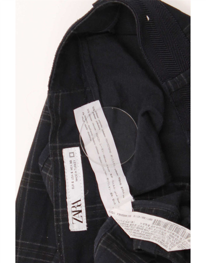 Zara Mens Slim Chino Trousers Small W30 L29 Navy Blue Check Polyester