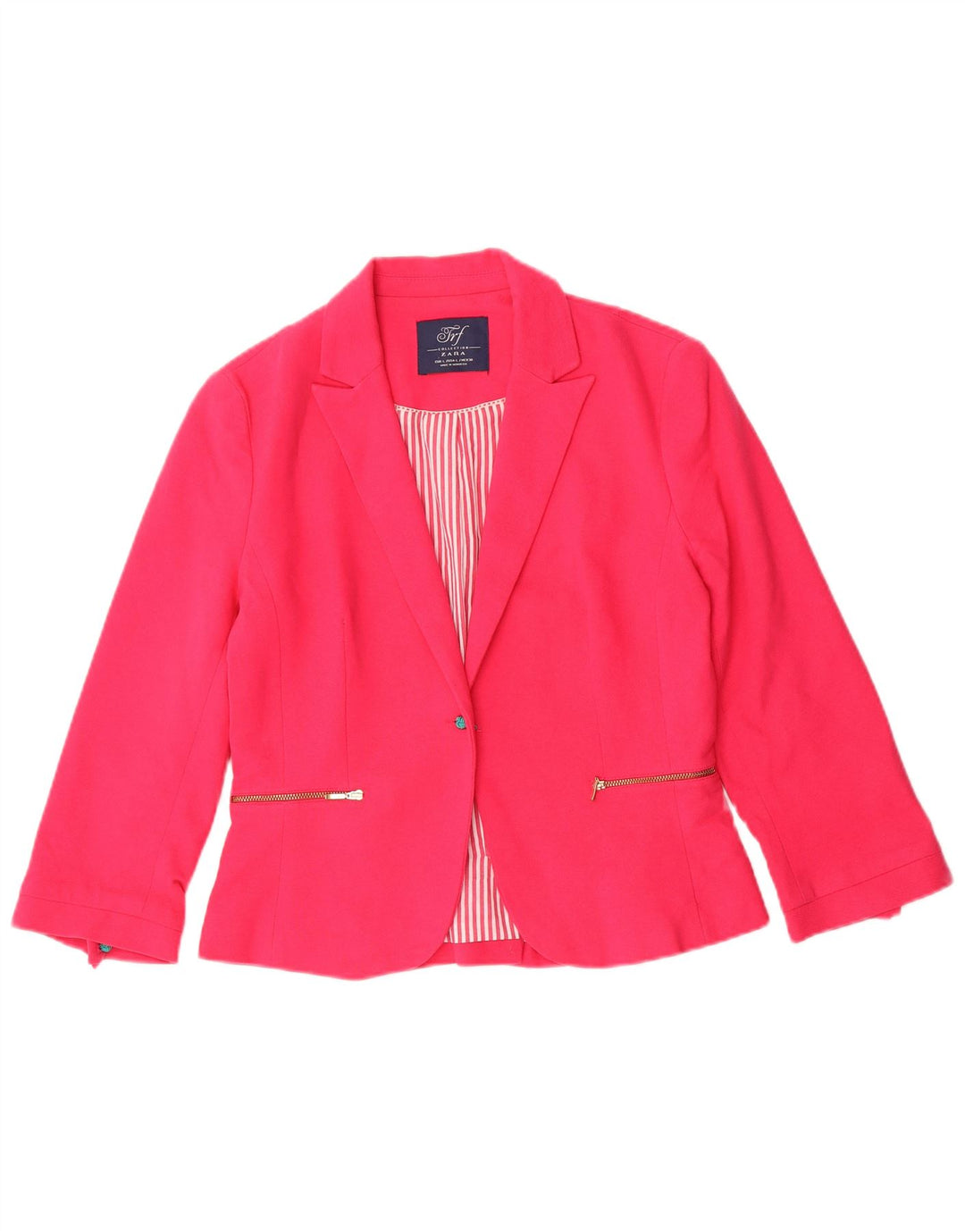 Zara Womens Crop 1 Button Blazer Jacket UK 14 Large Pink Cotton