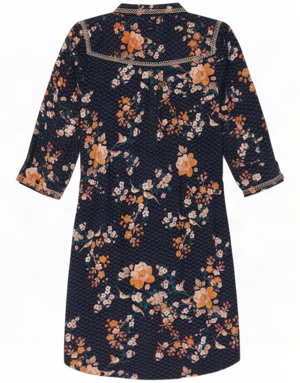 Monsoon Robe chemise à manches 3/4 pour femme UK 14 Grand coton floral bleu marine
