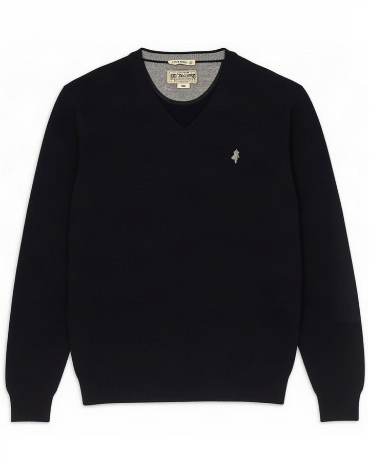 Marlboro Classics Mens V-Neck Jumper Sweater Large Navy Blue Wool