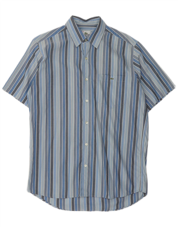 LACOSTE Mens Short Sleeve Shirt Size 40 Medium Blue Striped Cotton