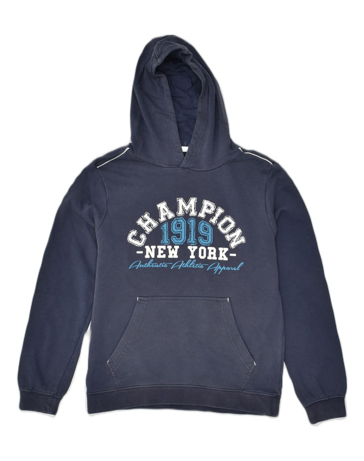 CHAMPION Boys Graphic Hoodie Jumper 11-12 Years Large Navy Blue Cotton | Vintage Champion | Thrift | Second-Hand Champion | Used Clothing | Messina Hembry 