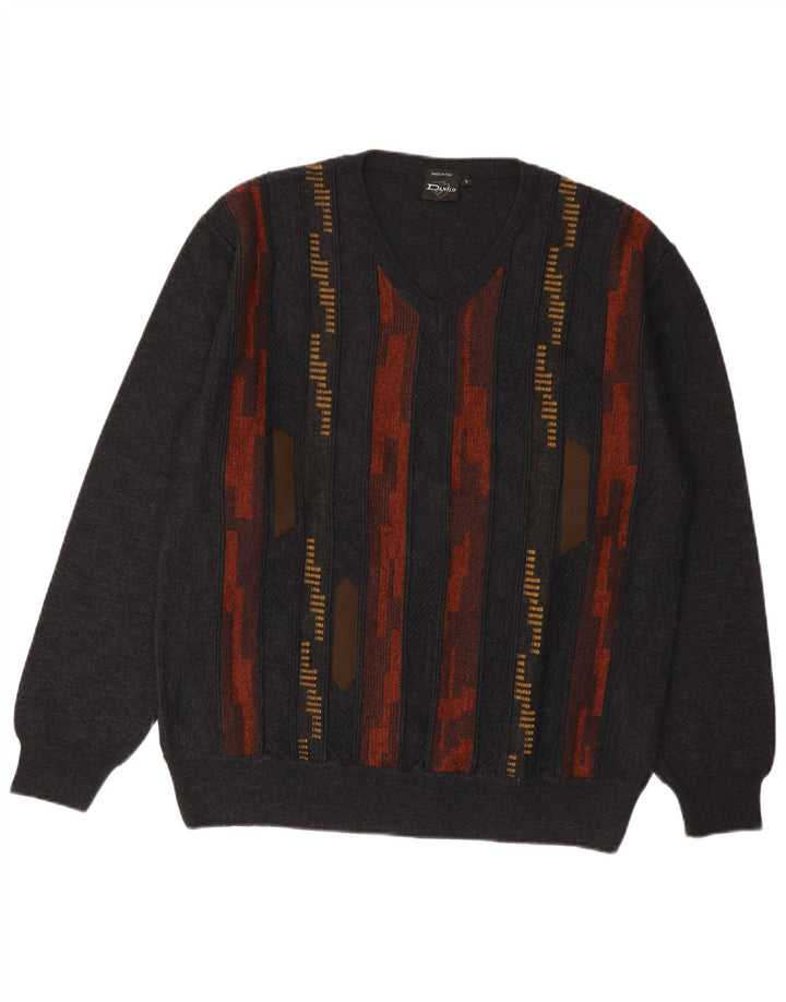 Danilo Mens V-Neck Jumper Sweater Large Grey Striped Polyacrylic
