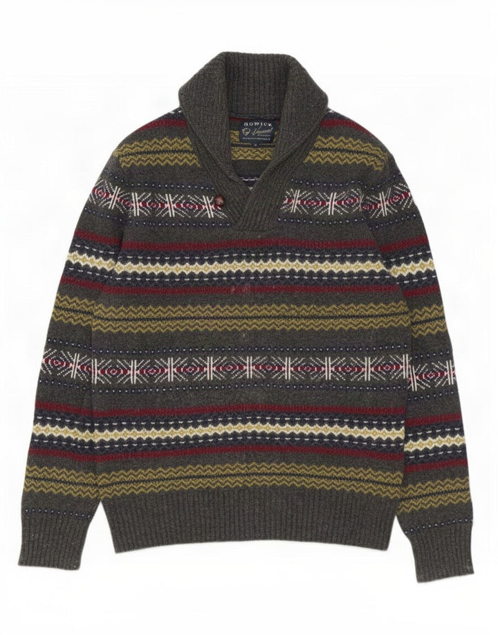 Howick Mens Shawl Neck Jumper Sweater Medium Grey Fair Isle Lambswool