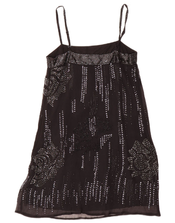 Warehouse Damen-Abendkleid, Gr. 40, Größe S, schwarze Seide mit Blumenmuster