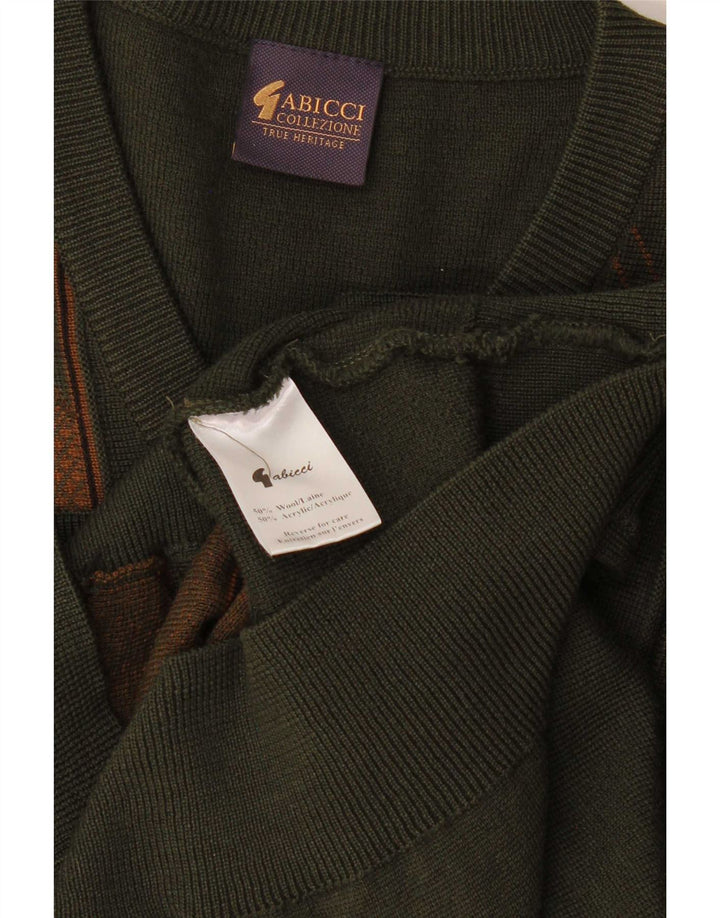 Gabicci Mens V-Neck Jumper Sweater Large Khaki Striped Wool
