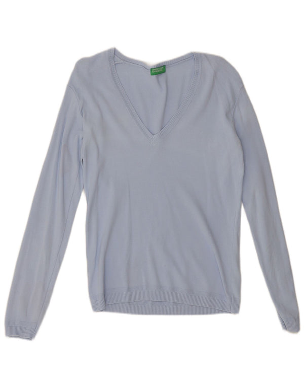 Benetton Damen-Pullover mit V-Ausschnitt, UK 12, mittelblaue Baumwolle