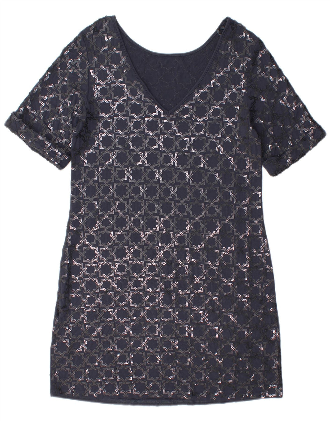 Monsoon Womens Short Sleeve Shift Dress UK 12 Medium Navy Blue Geometric