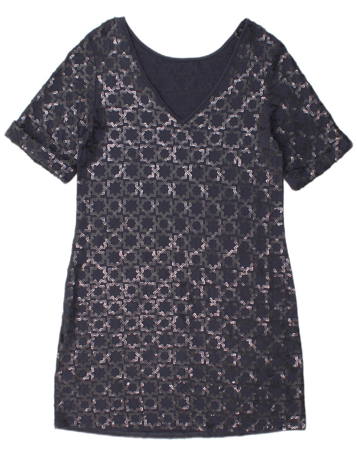 Monsoon Womens Short Sleeve Shift Dress UK 12 Medium Navy Blue Geometric