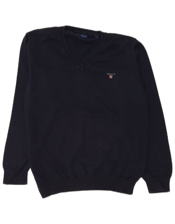 Gant Mens V-Neck Jumper Sweater Large Navy Blue Cotton