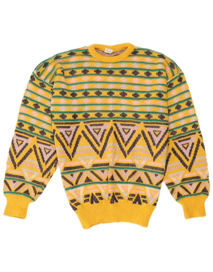 Vintage Mens Crew Neck Jumper Sweater Medium Yellow Geometric Cotton