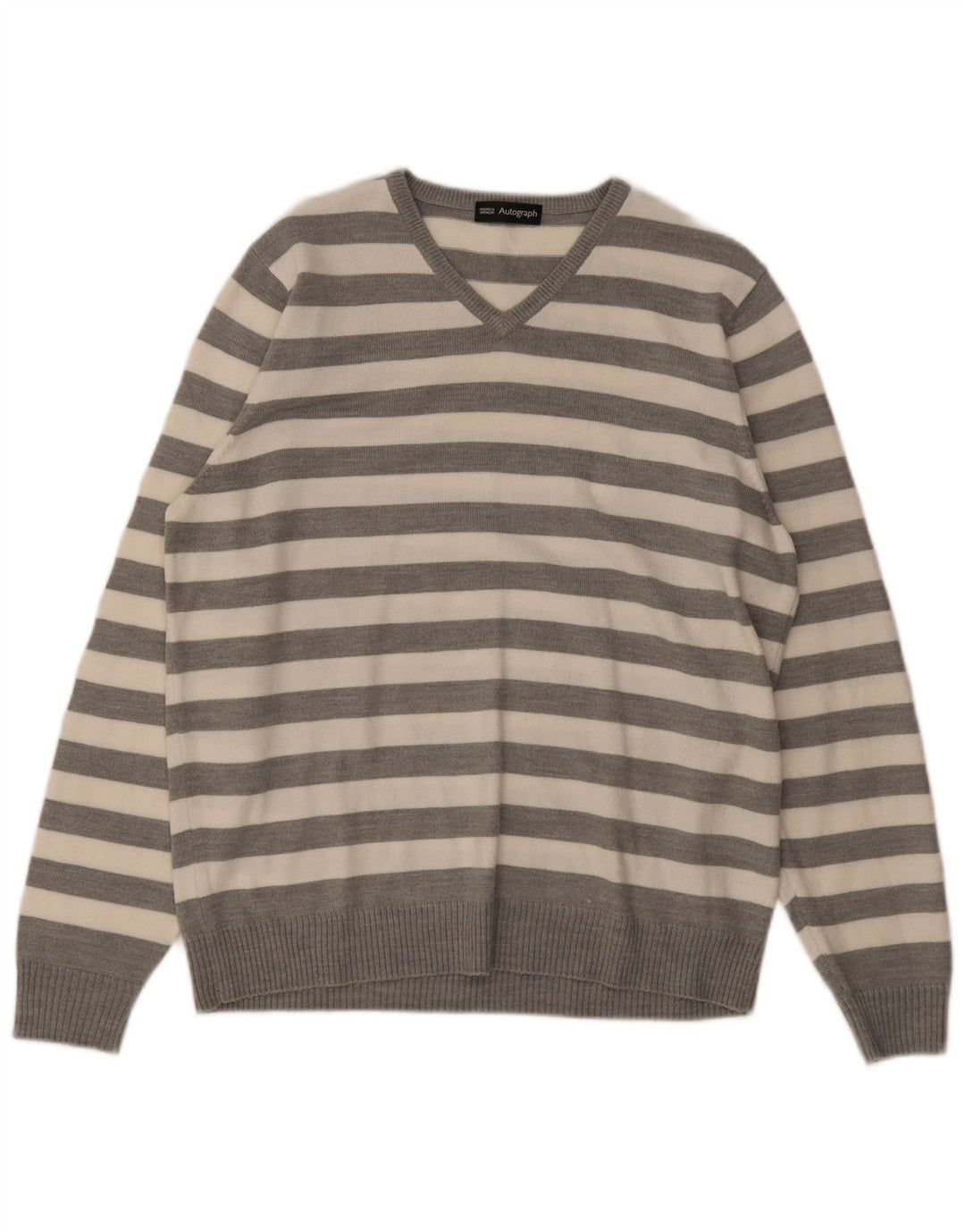 Marks & Spencer Mens Autograph V-Neck Jumper Sweater Medium Grey Striped